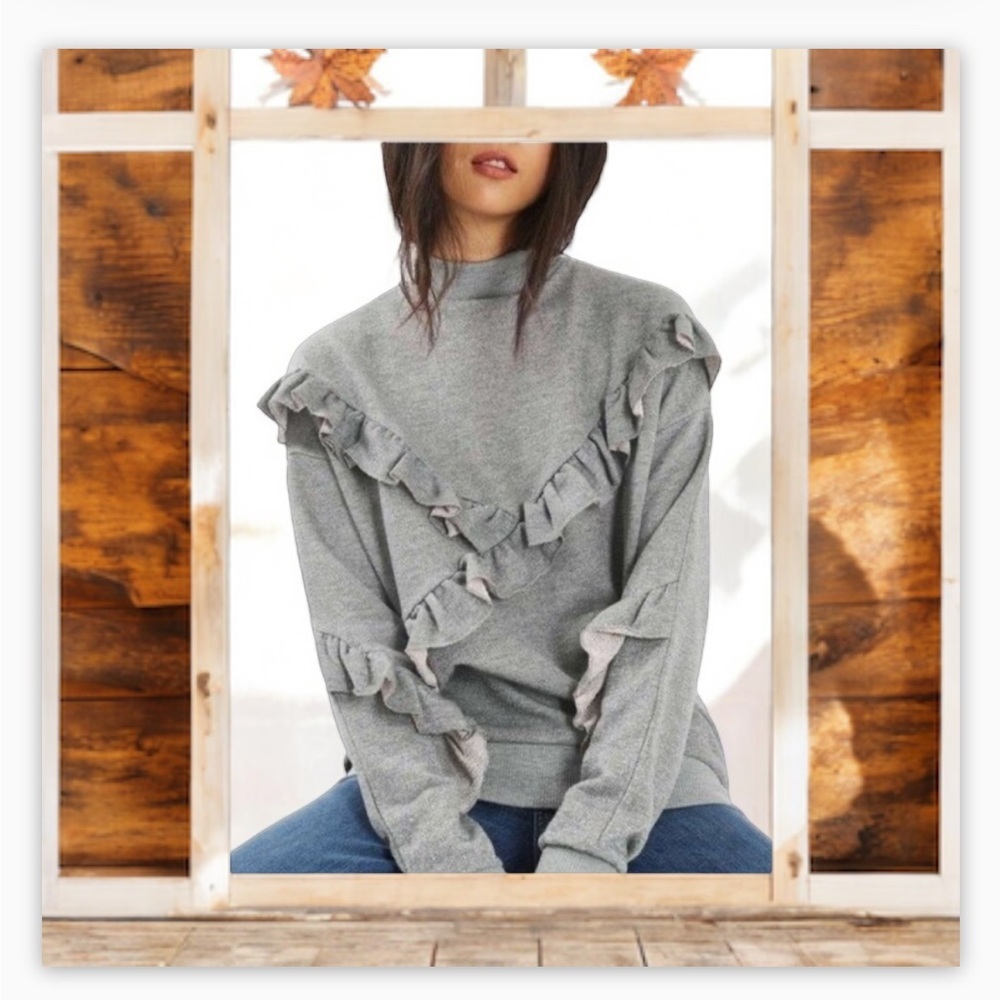 Topshop Metallic Grey Ruffle Detail Sweatshirt Pullover Mock Neck jumper top M